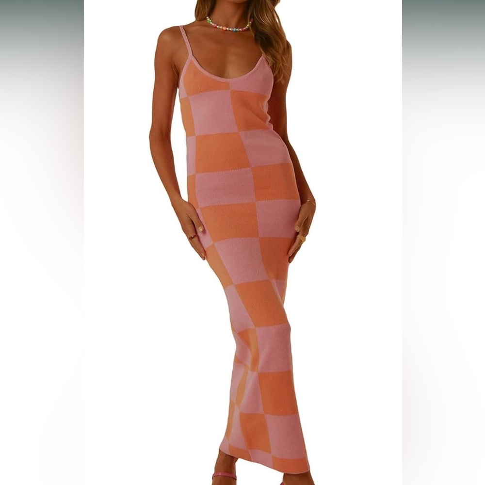 Orange and pink checkered sweater knit maxi